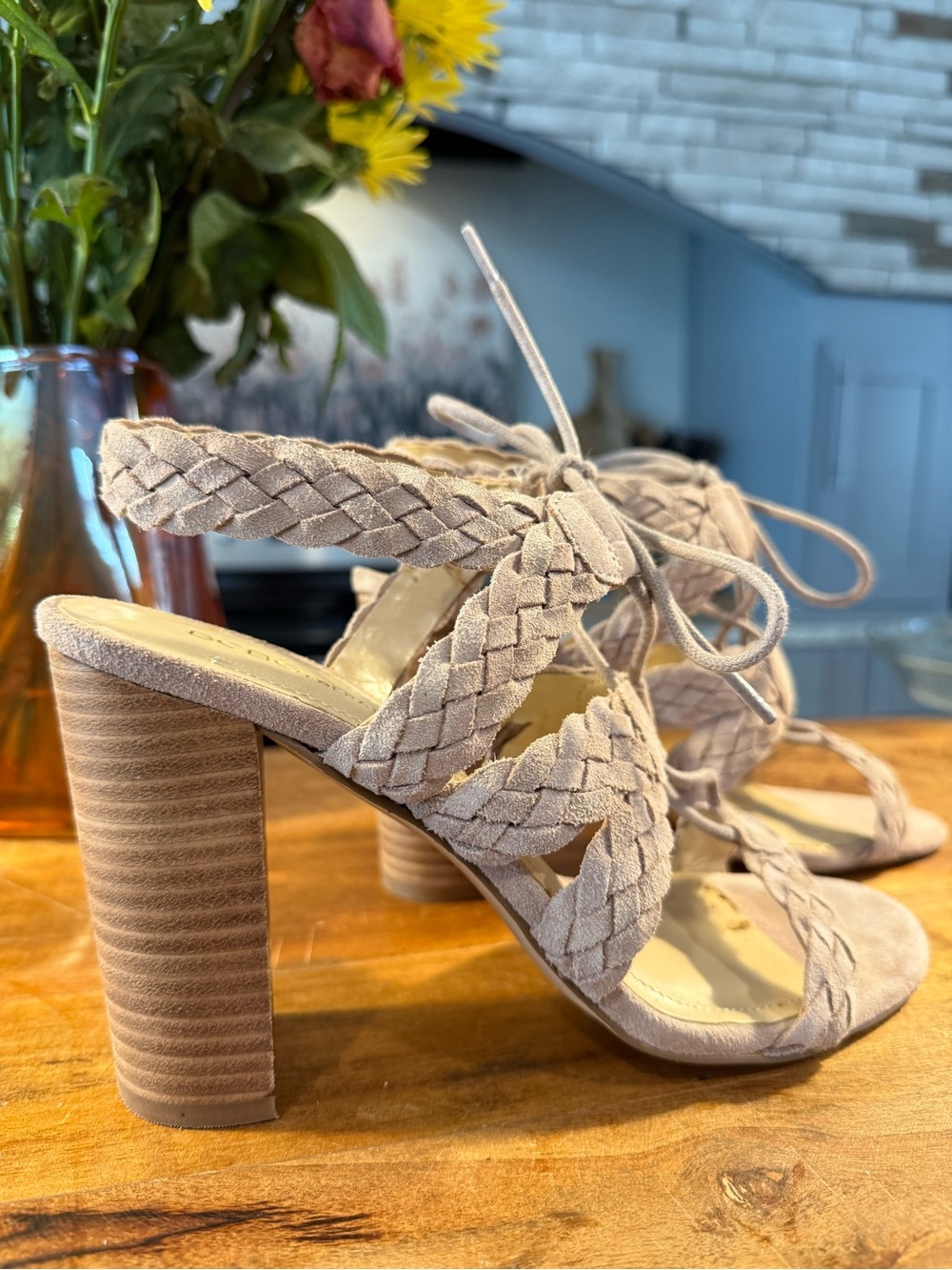 BCBGeneration Braided Lace-Up Block Heel Sandals - Beige Taupe